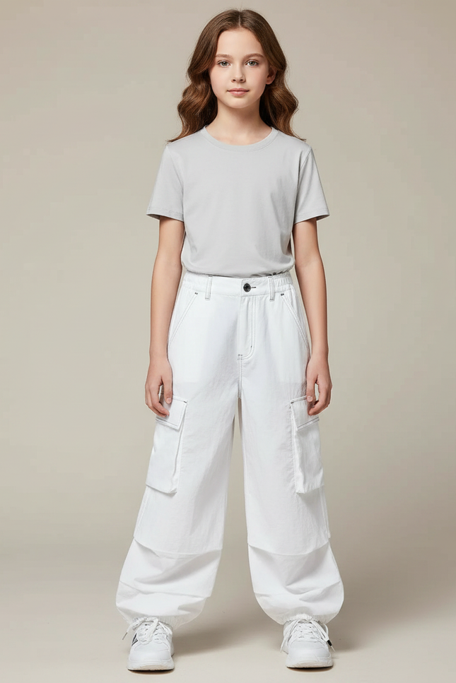 Pantalon Parachute Blanc Cargo Ample Coton Fille