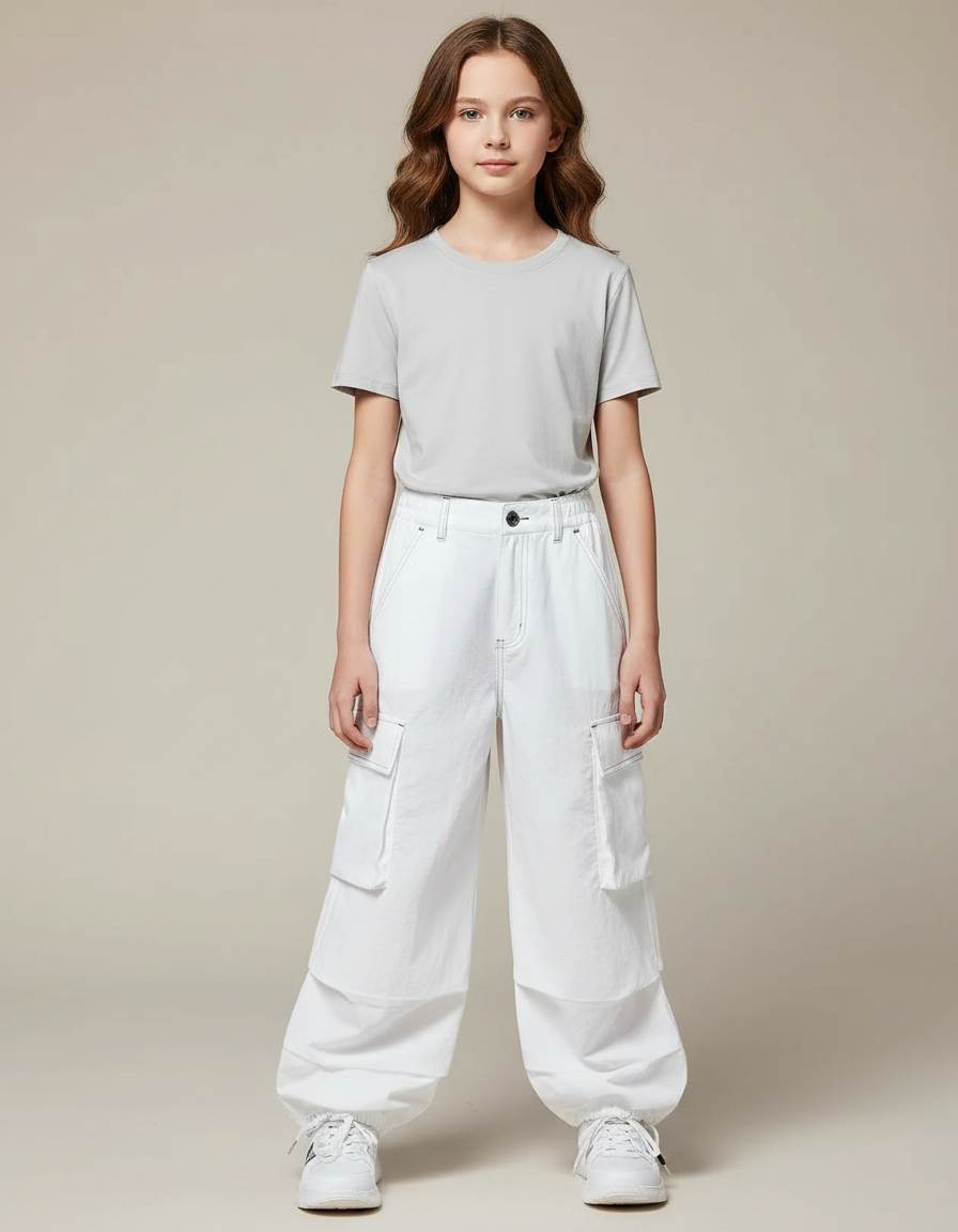 Pantalon Parachute Blanc Cargo Ample Coton Fille