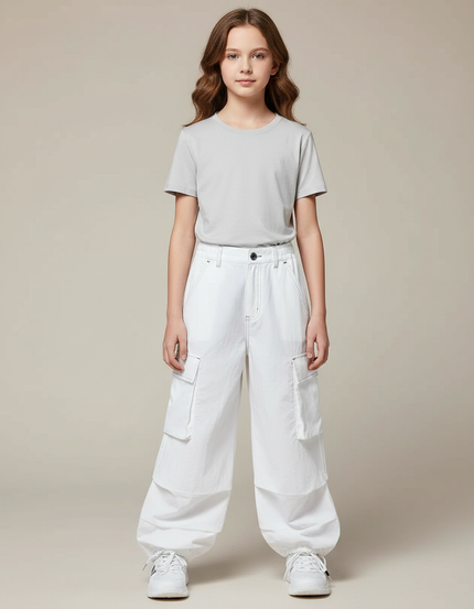 Pantalon Parachute Blanc Cargo Ample Coton Fille