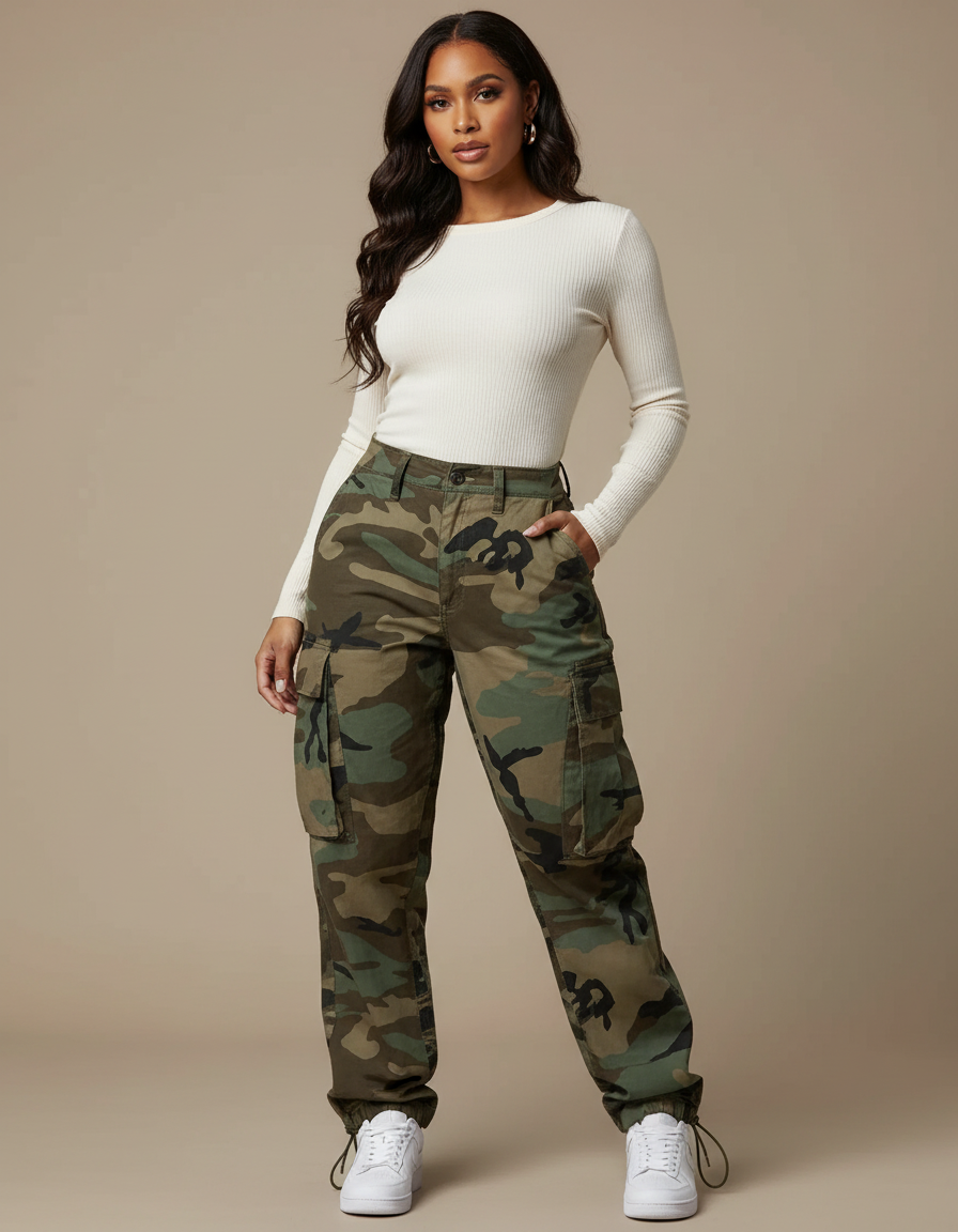 Pantalon Parachute Femme Kaki Cargo - Imprimé Toile