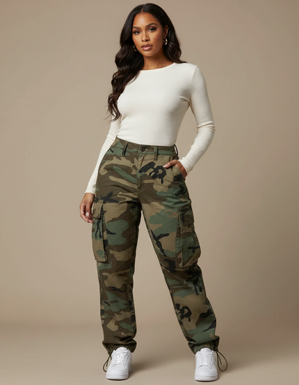 Pantalon Parachute Femme Kaki Cargo - Imprimé Toile