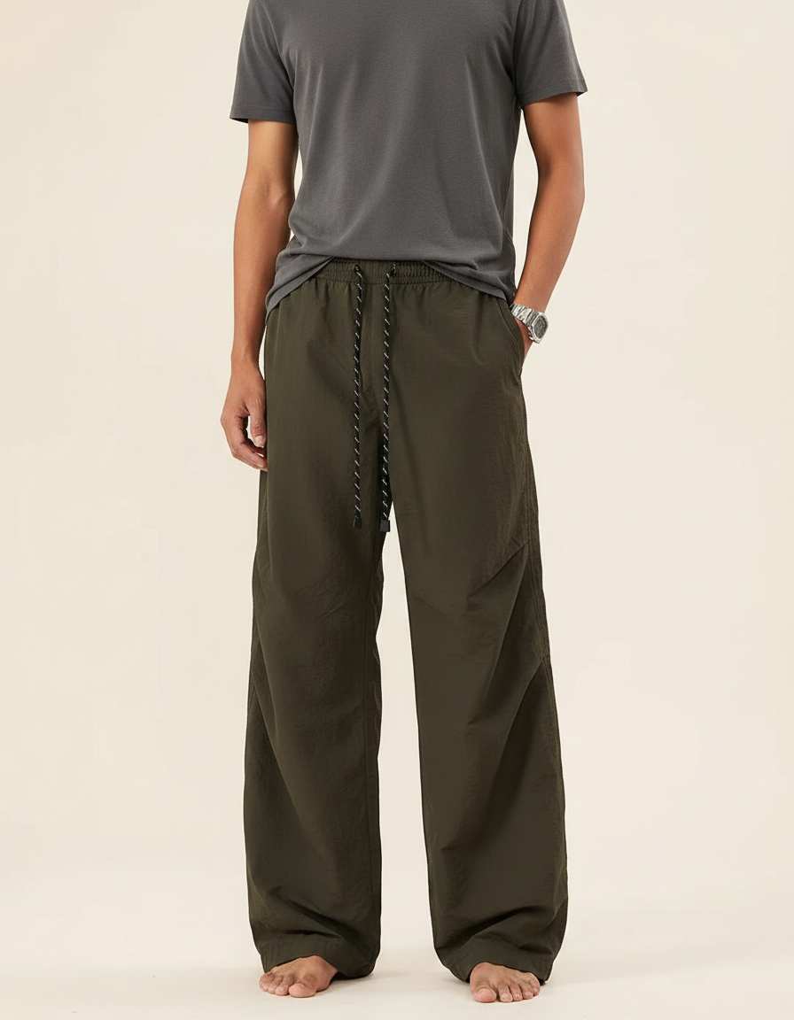 Pantalon Parachute Kaki Ample Cordon Décontracté Homme Large - Polyester