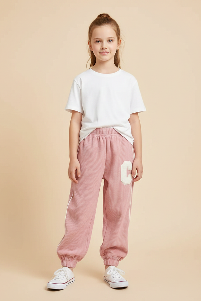 Pantalon Parachute Rose Côtelé Lettre C Fille - Cordé