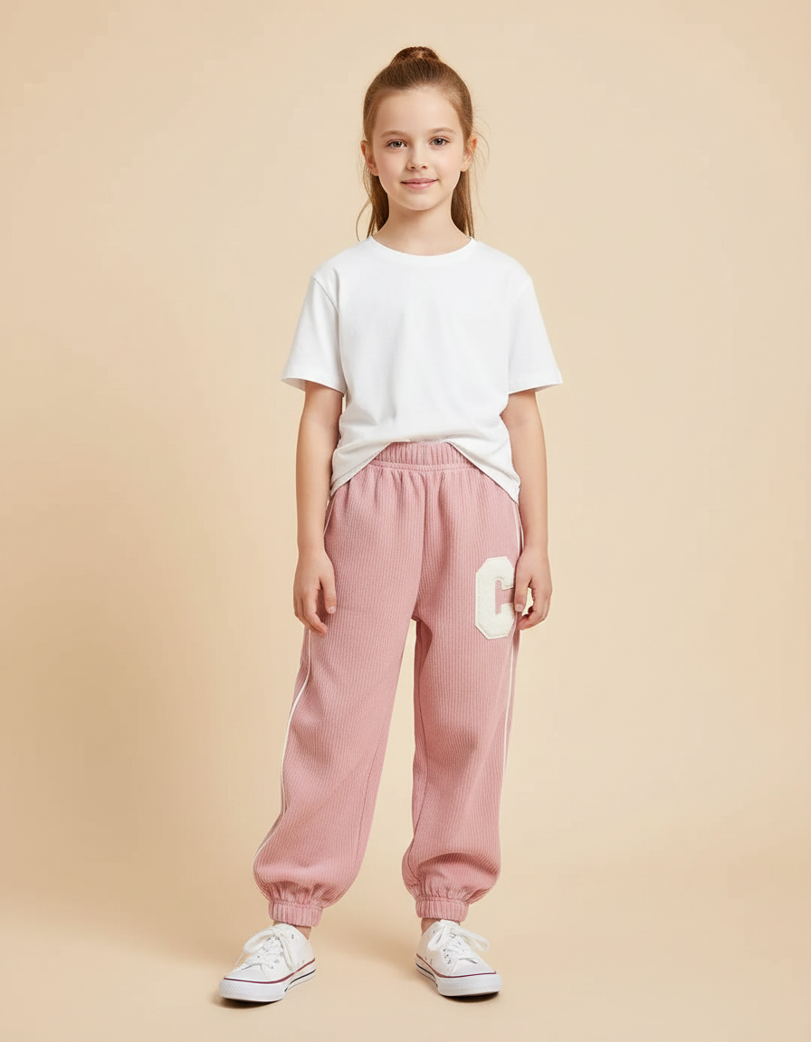 Pantalon Parachute Rose Côtelé Lettre C Fille - Cordé