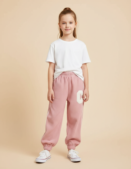 Pantalon Parachute Rose Côtelé Lettre C Fille - Cordé