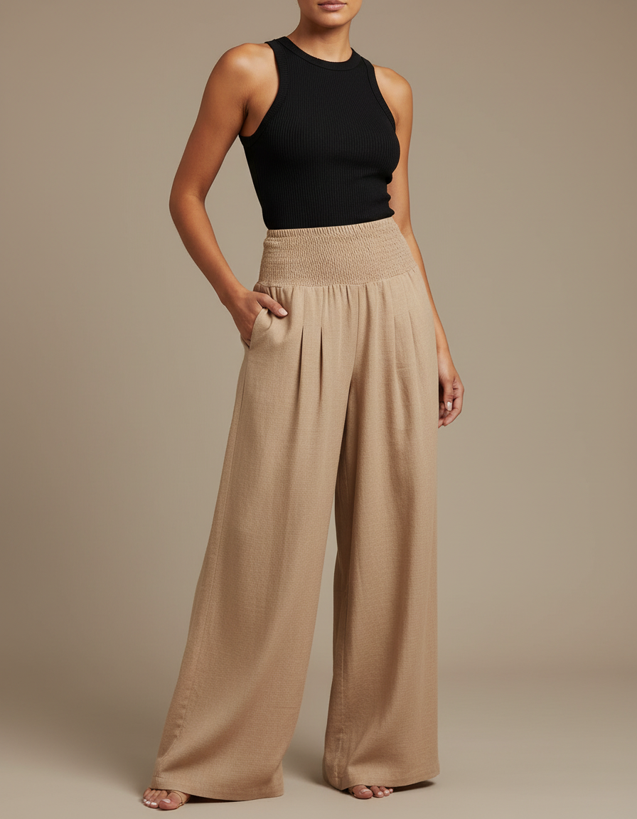Pantalon Parachute Beige Ample Smocké Taille Haute Femme - Lin