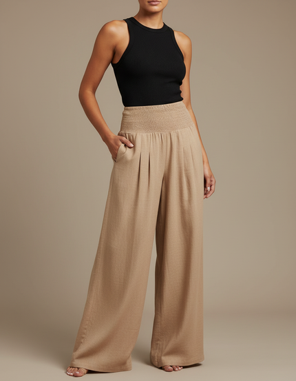 Pantalon Parachute Beige Ample Smocké Taille Haute Femme - Lin