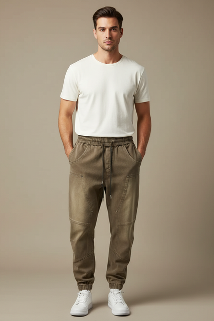 Pantalon Parachute Kaki Cargo Homme Sport Cordon - Gabardine