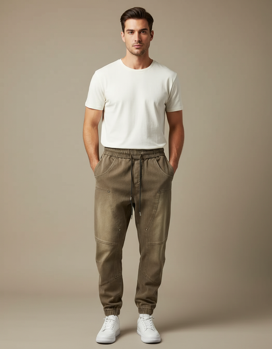 Pantalon Parachute Kaki Cargo Homme Sport Cordon - Gabardine