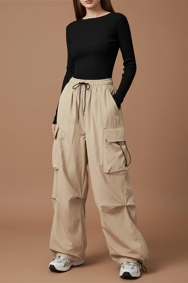 Pantalon Parachute Beige Ample Cargo Fluide Décontracté Femme - Polyester