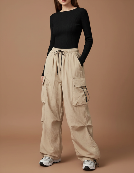 Pantalon Parachute Beige Ample Cargo Fluide Décontracté Femme - Polyester