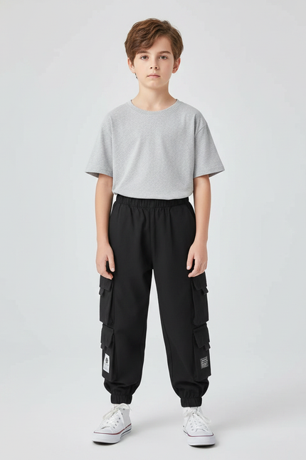 Pantalon Parachute Noir Cargo Ample Enfants Sport - Polyester