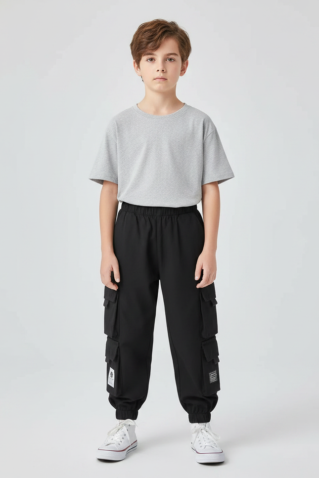Pantalon Parachute Noir Cargo Ample Enfants Sport - Polyester