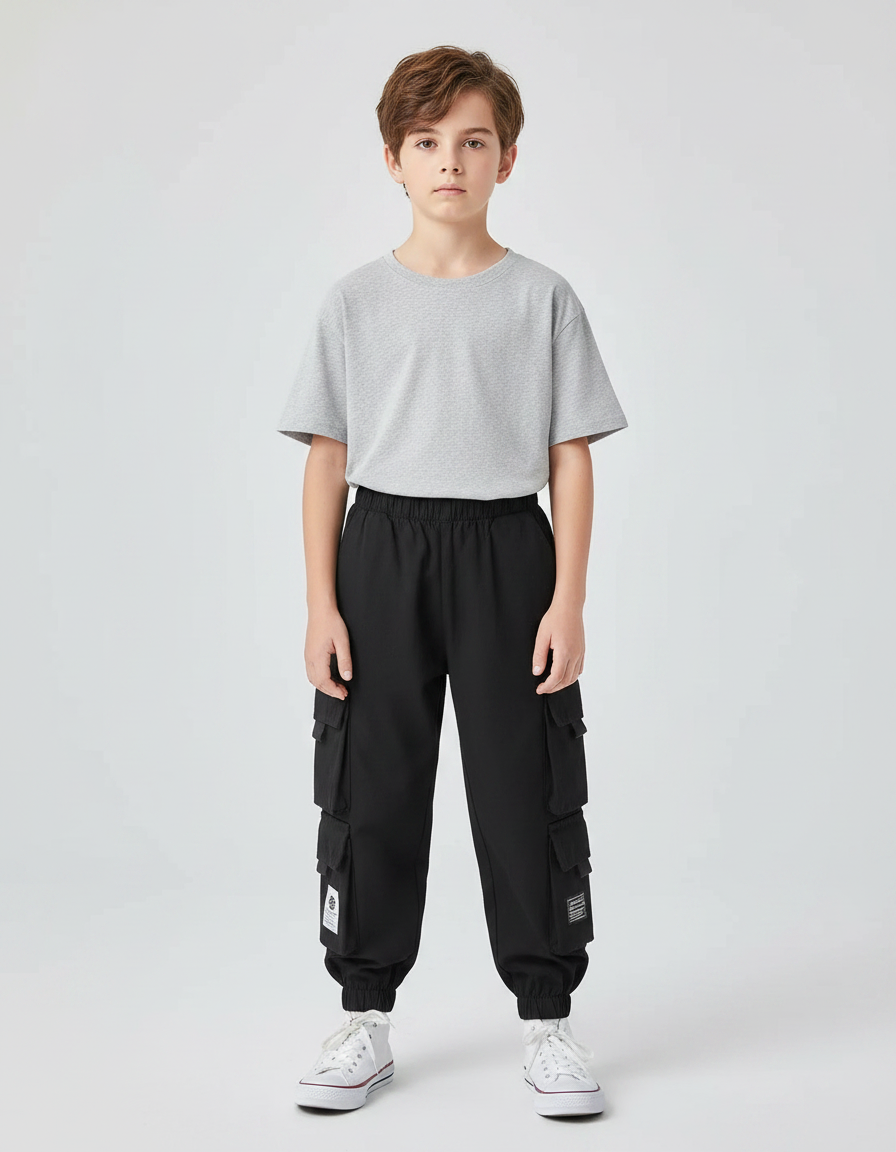 Pantalon Parachute Noir Cargo Ample Enfants Sport - Polyester