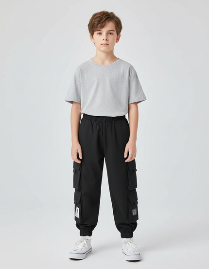 Pantalon Parachute Noir Cargo Ample Enfants Sport - Polyester