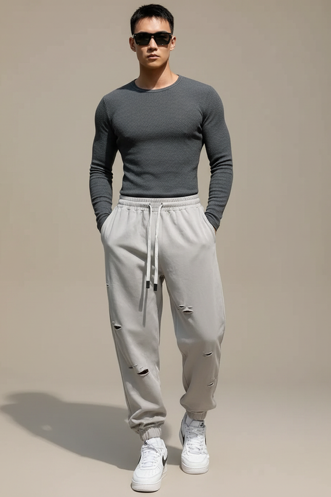 Pantalon Parachute Gris Déchiré Jogging Homme - Molleton