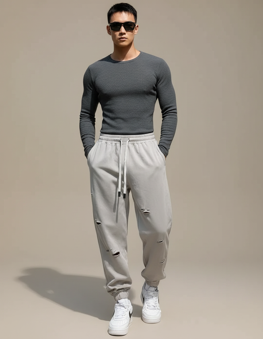 Pantalon Parachute Gris Déchiré Jogging Homme - Molleton