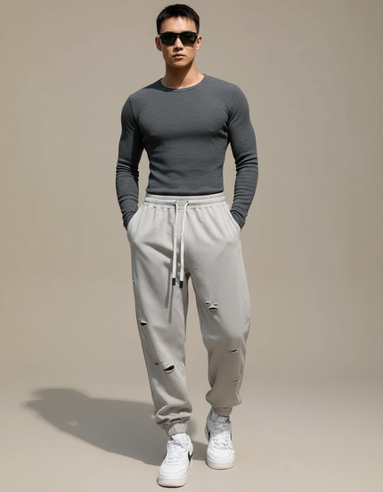 Pantalon Parachute Gris Déchiré Jogging Homme - Molleton