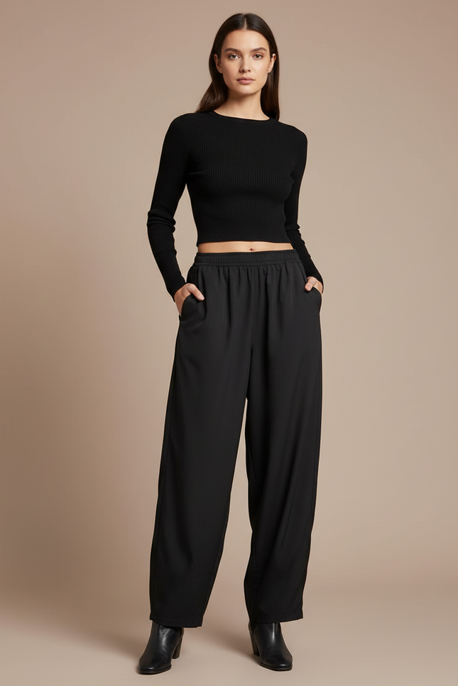 Pantalon Parachute Noir Fluide Ample Décontracté Femme - Polyester