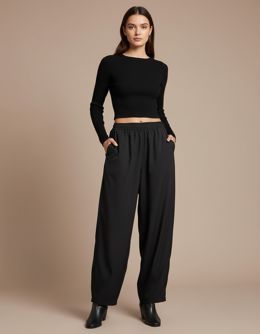 Pantalon Parachute Noir Fluide Ample Décontracté Femme - Polyester