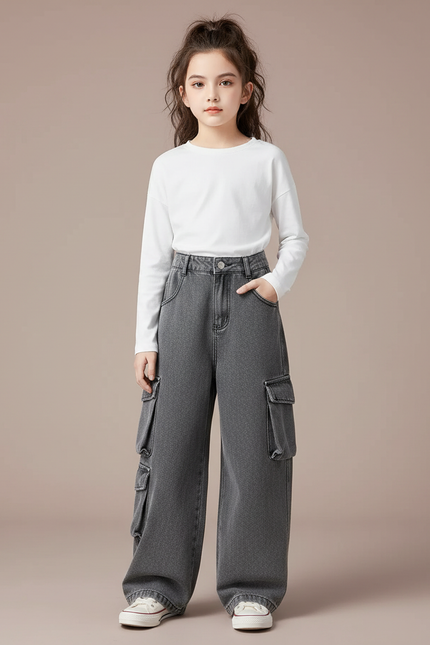 Pantalon Parachute Cargo Denim Gris Ample Fille - Jean