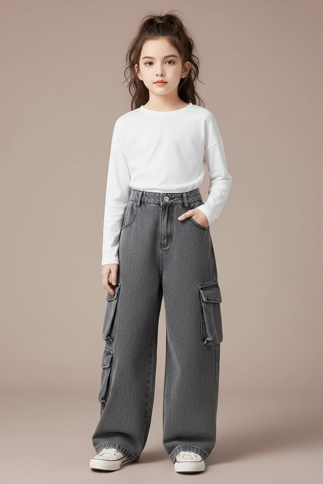 Pantalon Parachute Cargo Denim Gris Ample Fille - Jean