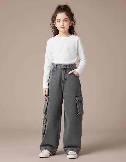 Pantalon Parachute Cargo Denim Gris Ample Fille - Jean