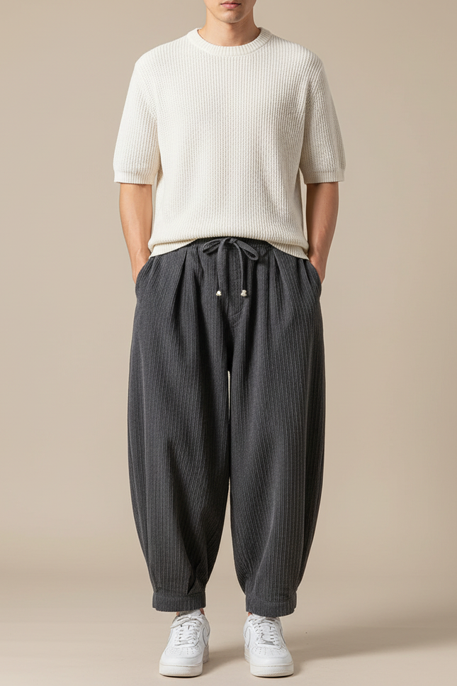 Pantalon Parachute Côtelé Gris Ample Homme Décontracté - Cordé