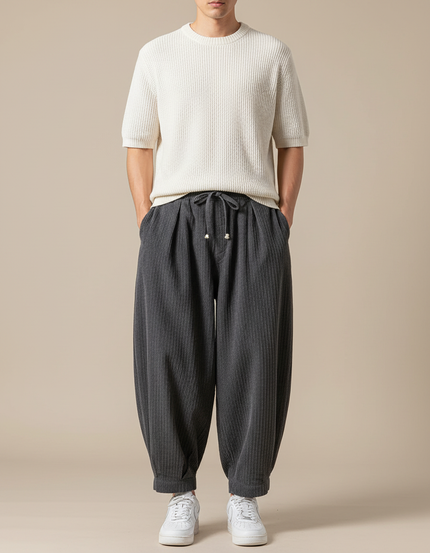Pantalon Parachute Côtelé Gris Ample Homme Décontracté - Cordé