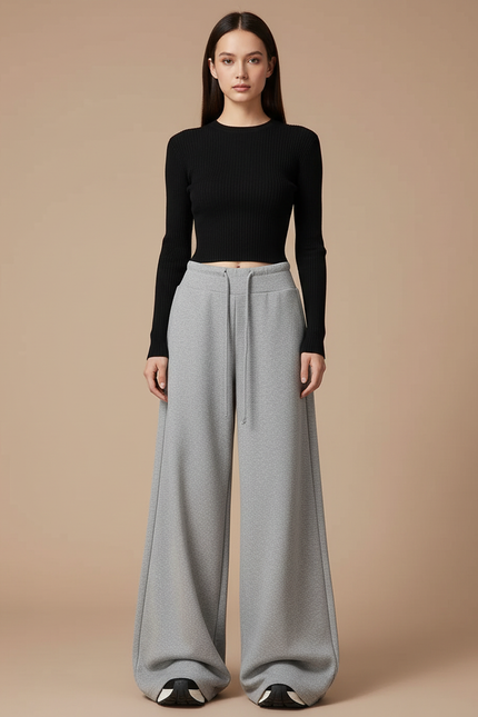 Pantalon Parachute Gris Ample Cordon Décontracté Molletonné