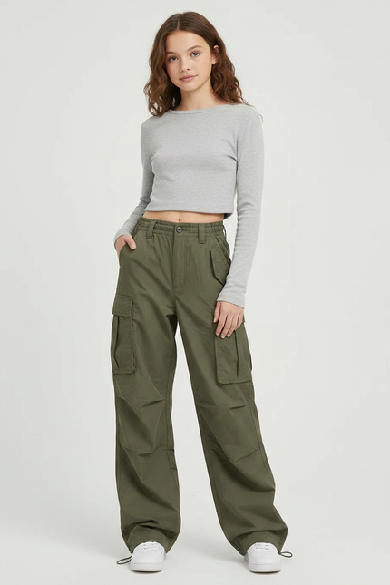 Pantalon Parachute Femme Kaki Baggy Nylon Streetwear - Polyester
