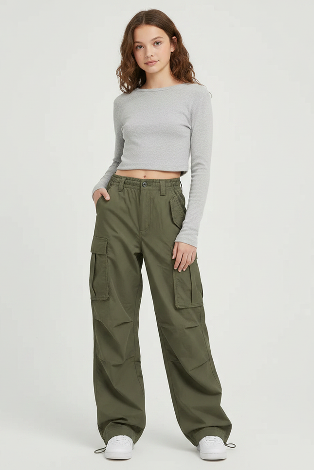 Pantalon Parachute Femme Kaki Baggy Nylon Streetwear - Polyester
