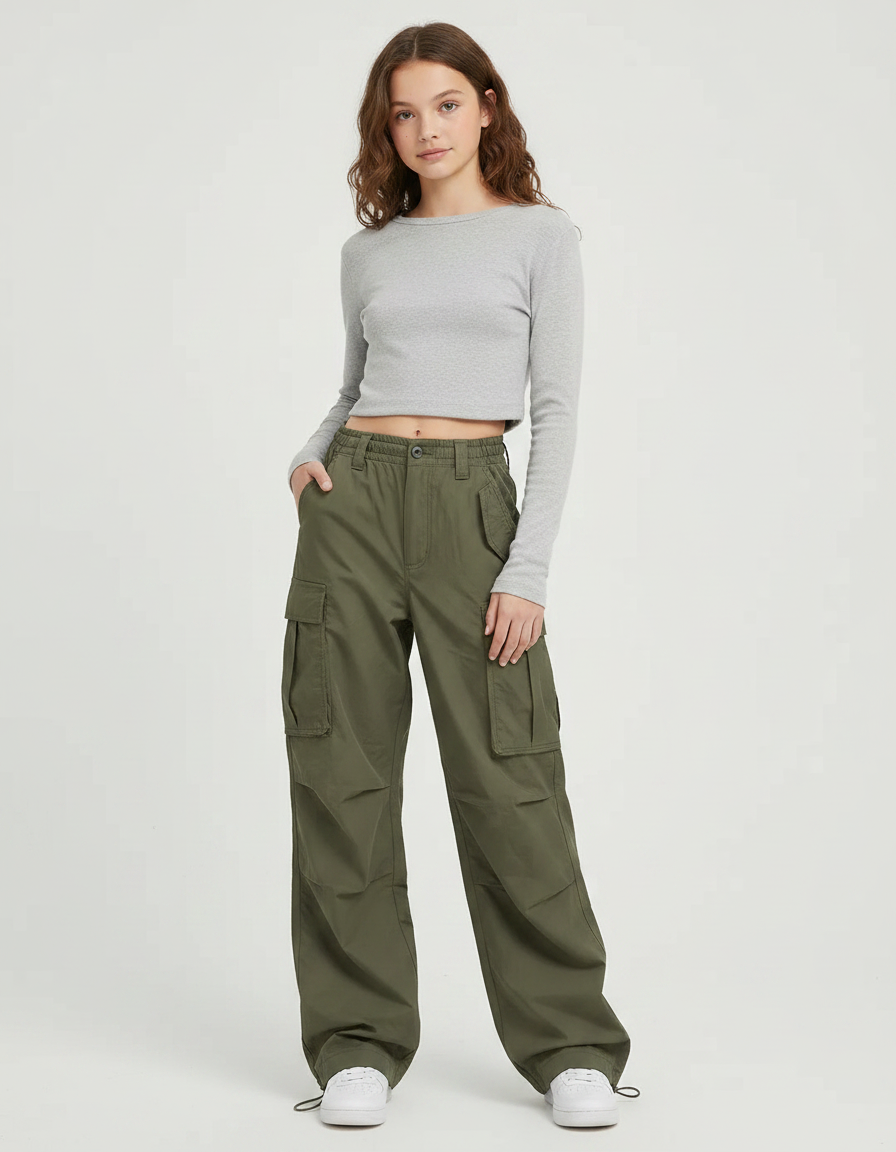 Pantalon Parachute Femme Kaki Baggy Nylon Streetwear - Polyester