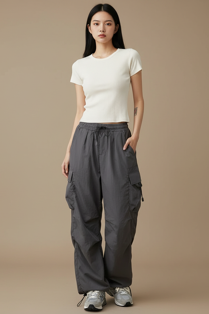 Pantalon Parachute Gris Ample Cargo Femme Y2K - Polyester