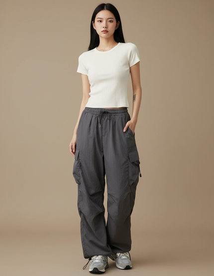 Pantalon Parachute Gris Ample Cargo Femme Y2K - Polyester