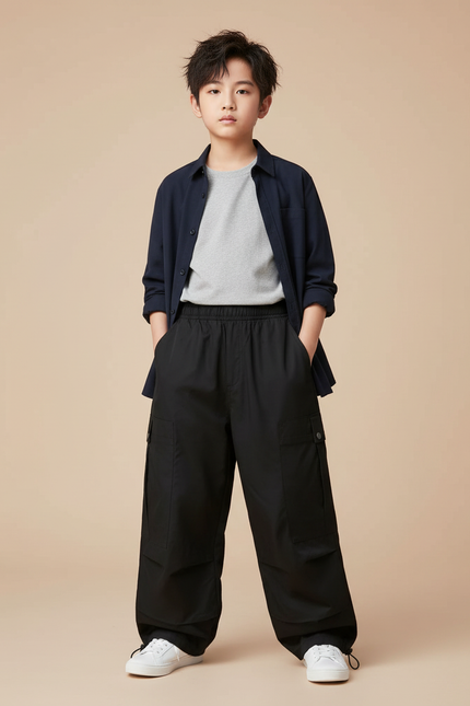 Pantalon Parachute Noir Cargo Ample Casual Garçon - Polyester