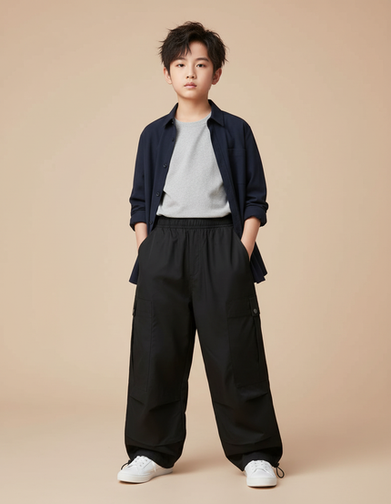 Pantalon Parachute Noir Cargo Ample Casual Garçon - Polyester
