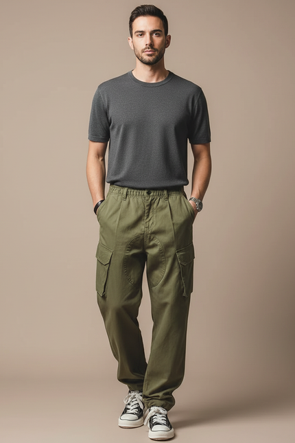 Pantalon Parachute Kaki Ample Coton Cargo - Toile