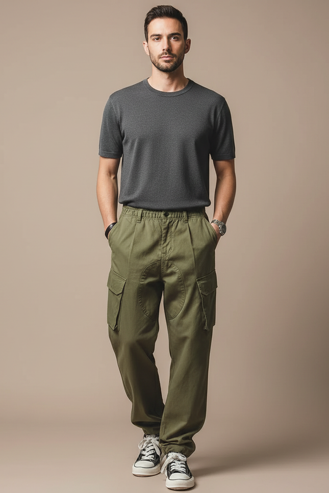Pantalon Parachute Kaki Ample Coton Cargo - Toile