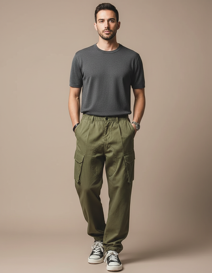 Pantalon Parachute Kaki Ample Coton Cargo - Toile