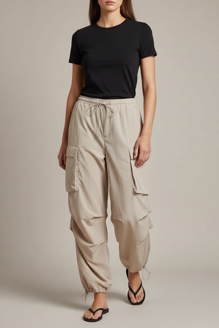 Pantalon Parachute Beige Ample Cargo Taille Haute Femme - Polyester
