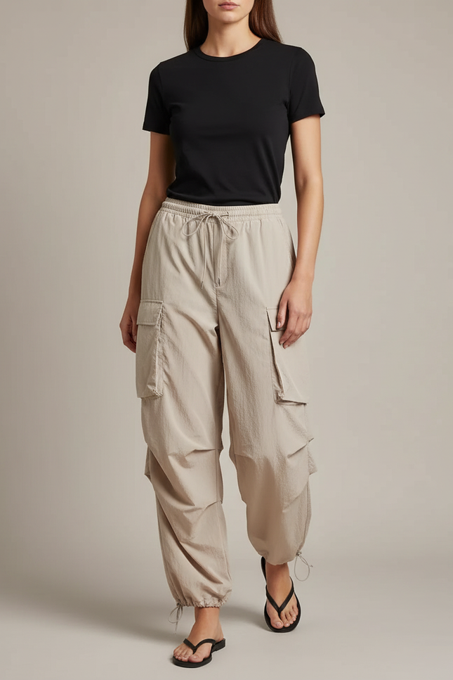 Pantalon Parachute Beige Ample Cargo Taille Haute Femme - Polyester
