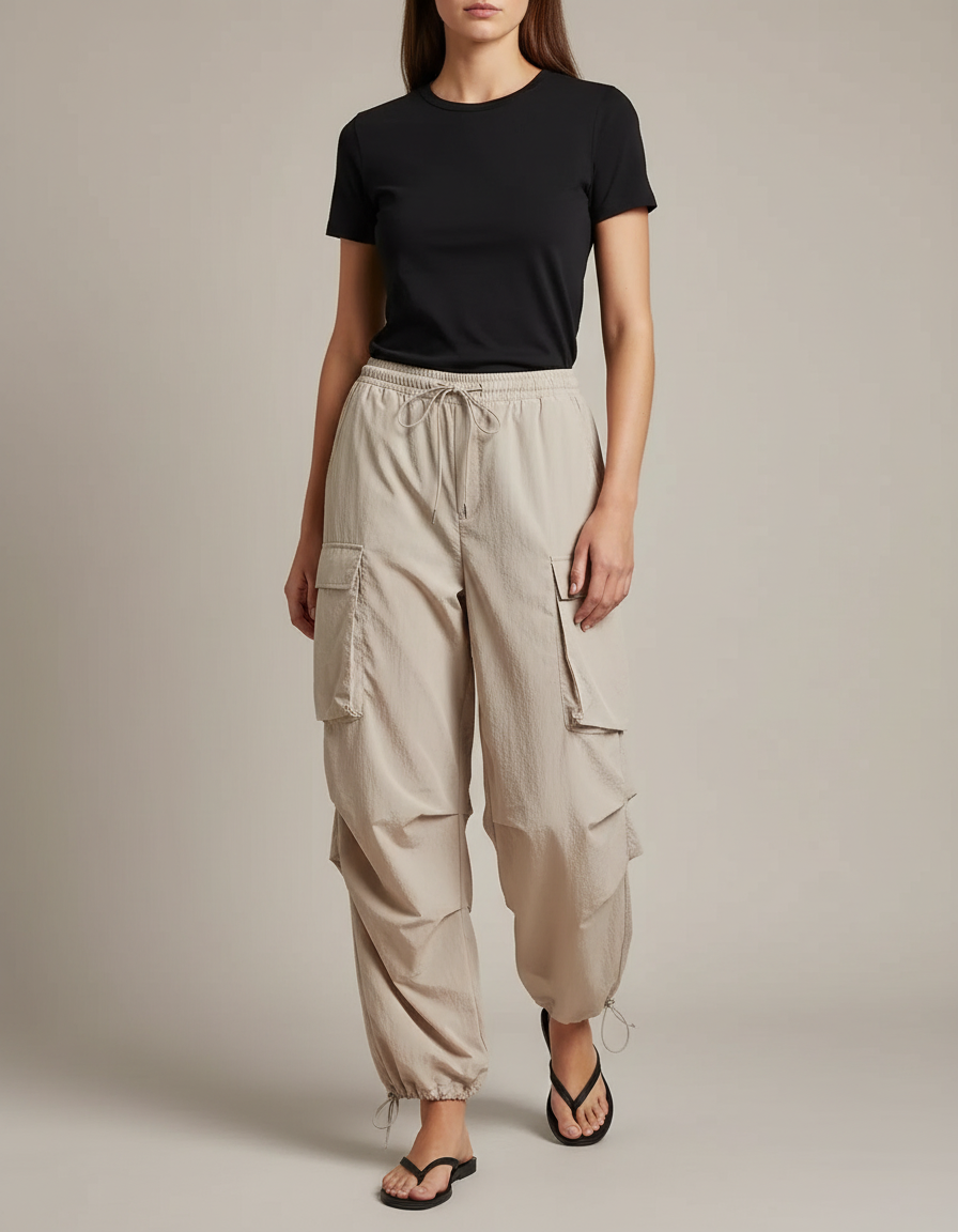 Pantalon Parachute Beige Ample Cargo Taille Haute Femme - Polyester