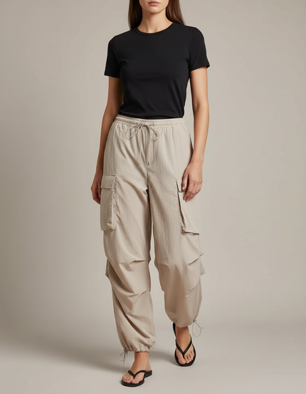 Pantalon Parachute Beige Ample Cargo Taille Haute Femme - Polyester