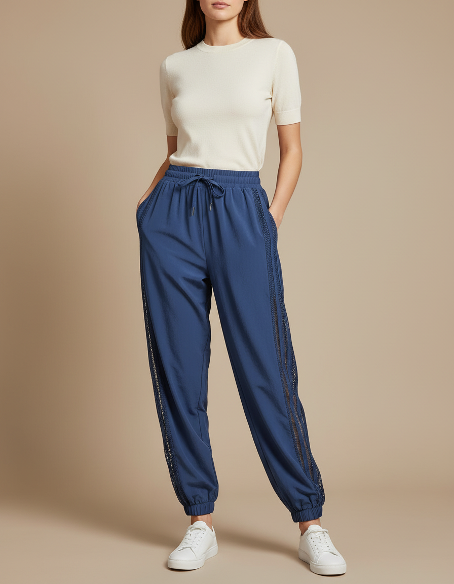 Pantalon Parachute Bleu Fluide Dentelle Cordon Femme - Polyester
