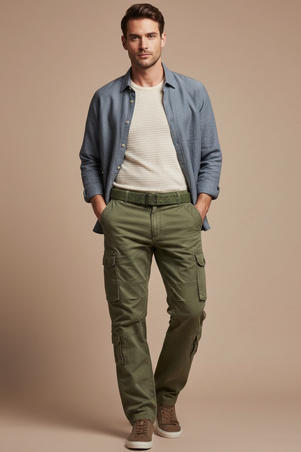 Pantalon Parachute Kaki Cargo Multi-Poches Coton Homme