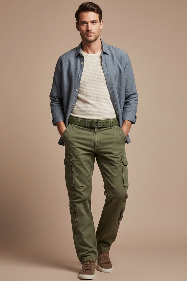 Pantalon Parachute Kaki Cargo Multi-Poches Coton Homme
