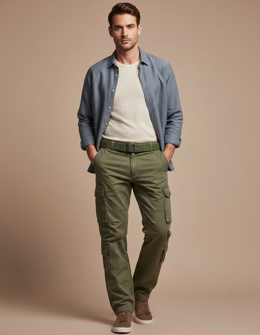 Pantalon Parachute Kaki Cargo Multi-Poches Coton Homme