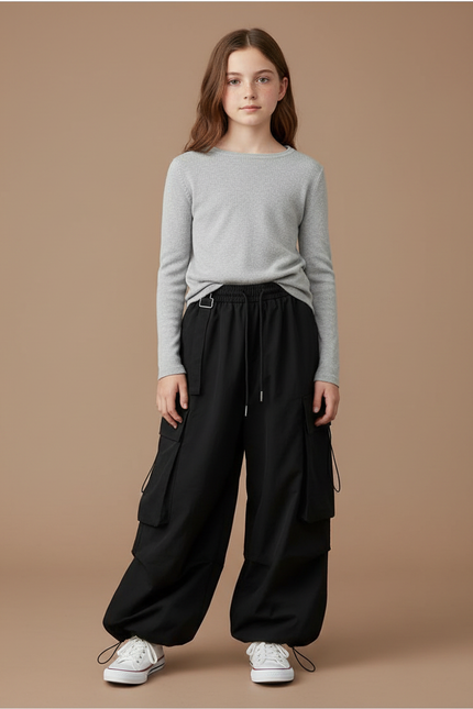 Pantalon Parachute Noir Cargo Ample Coton Fille - Polyester
