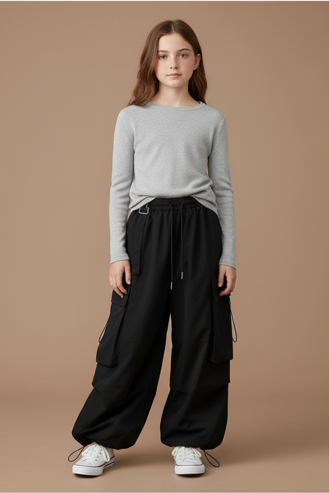 Pantalon Parachute Noir Cargo Ample Coton Fille - Polyester